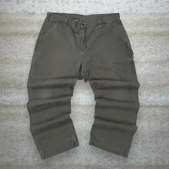 Vintage 90s Carhartt Carpenter Pants 38x28 Baggy Fit Dark Green Canvas Painters - Picture 2 of 5